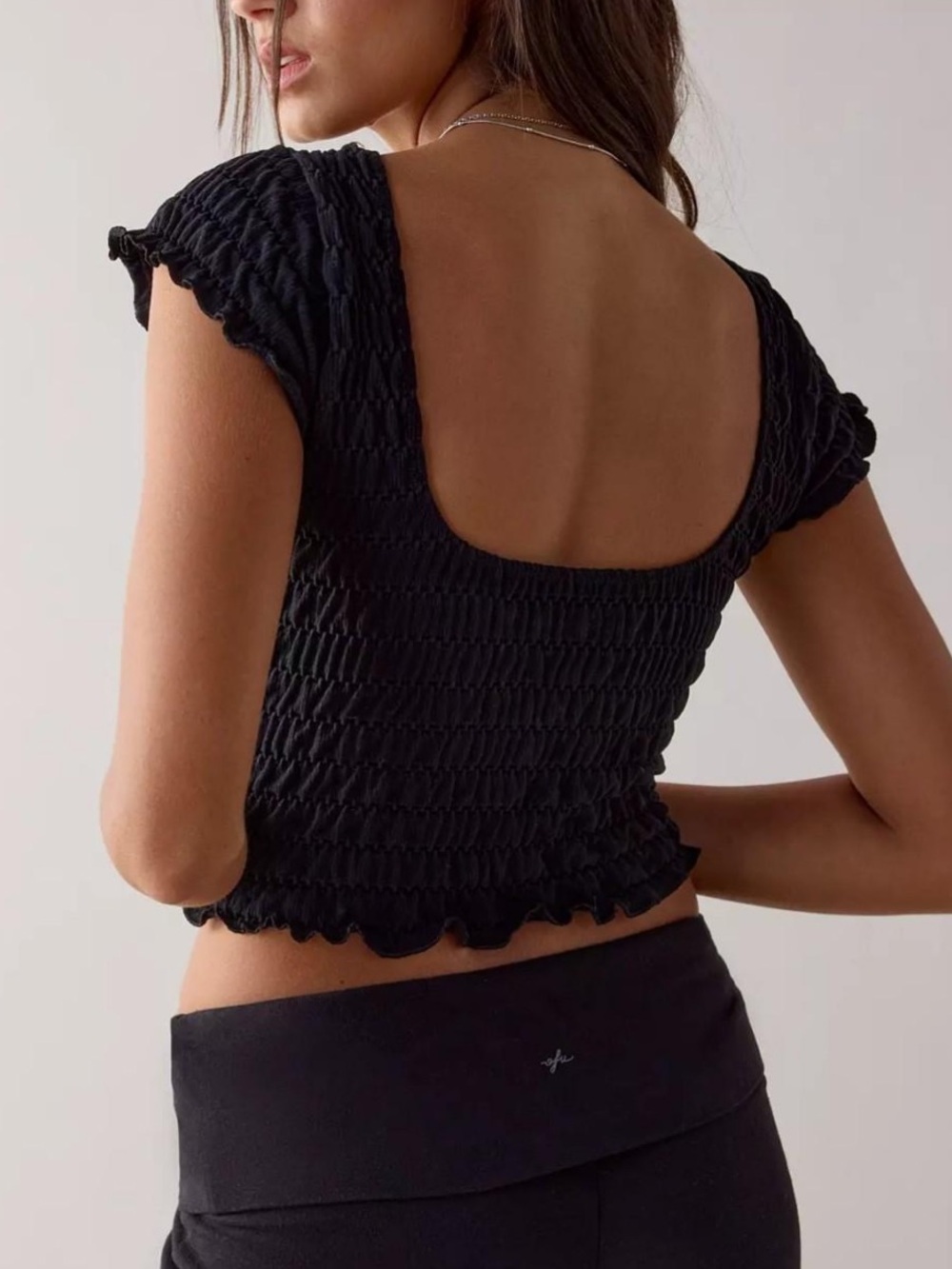 Out From Under Smocked Off-Shoulder Crop Top - Black Sz S/M
